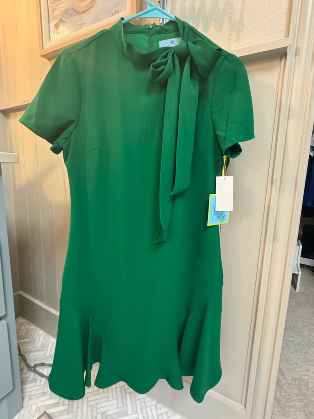NWT CeCe Emerald Green Bow-Neck Woven Dress
